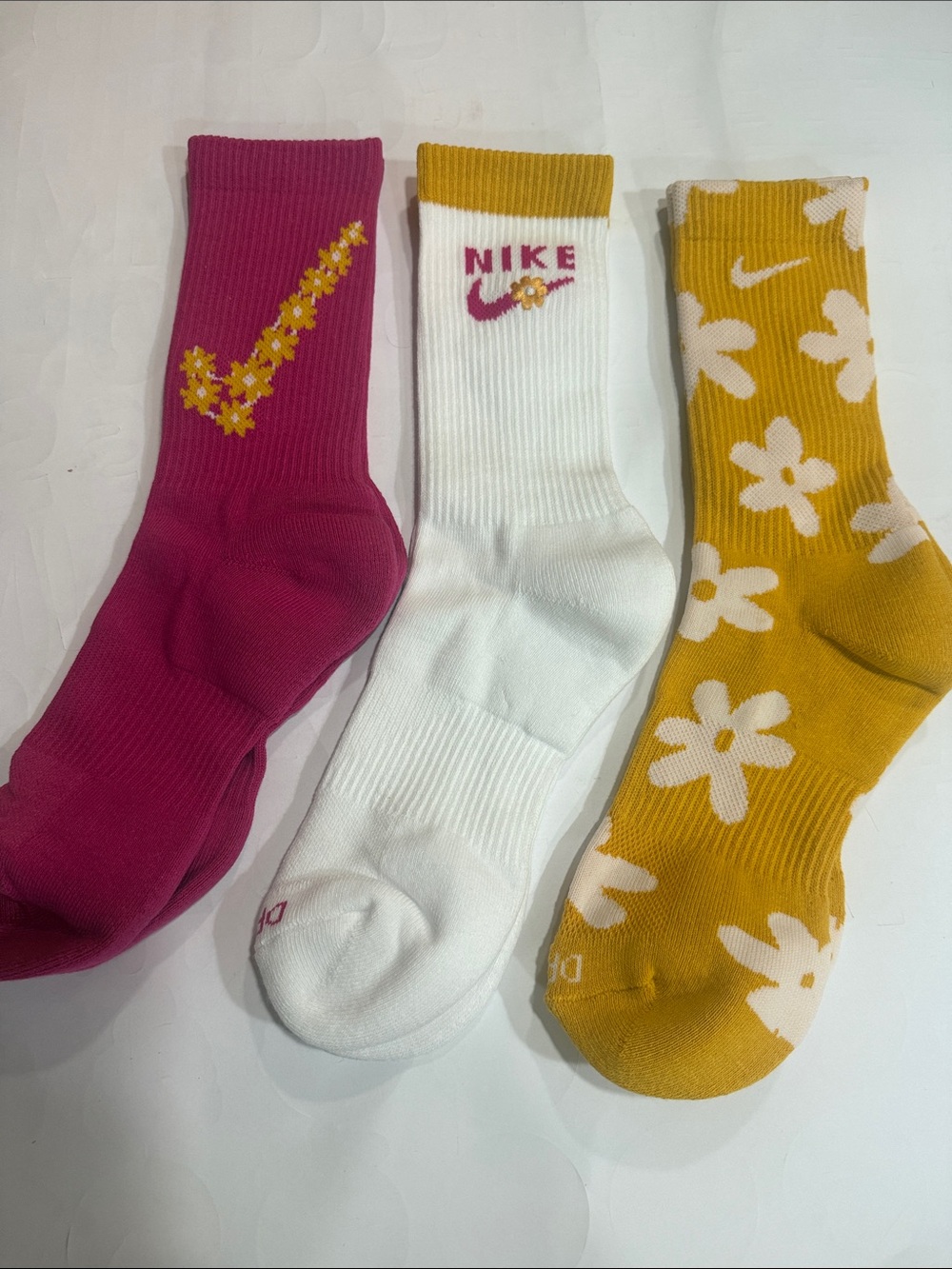Nike Floral Swoosh Crew Socks - Pink, White, Mustard